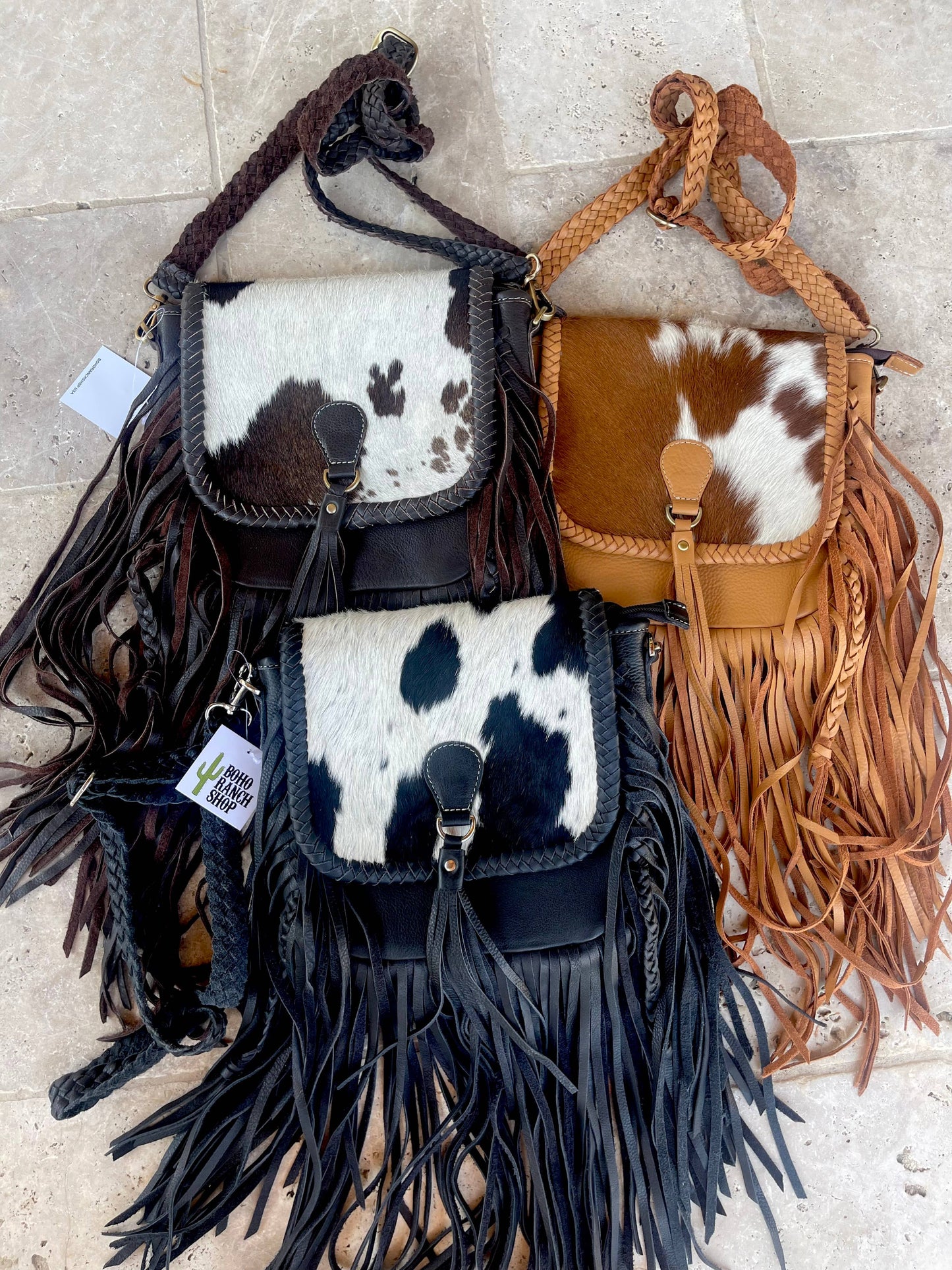 THE NANCY CROSSBODY Genuine Hairon Cowhide Leather Tassel: BLACK + WHITE COWHIDE