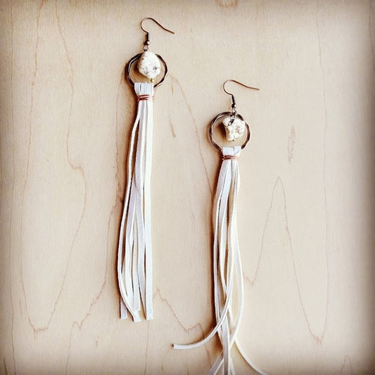 White stone Drop Earrings w/ Cream Leather Tassel