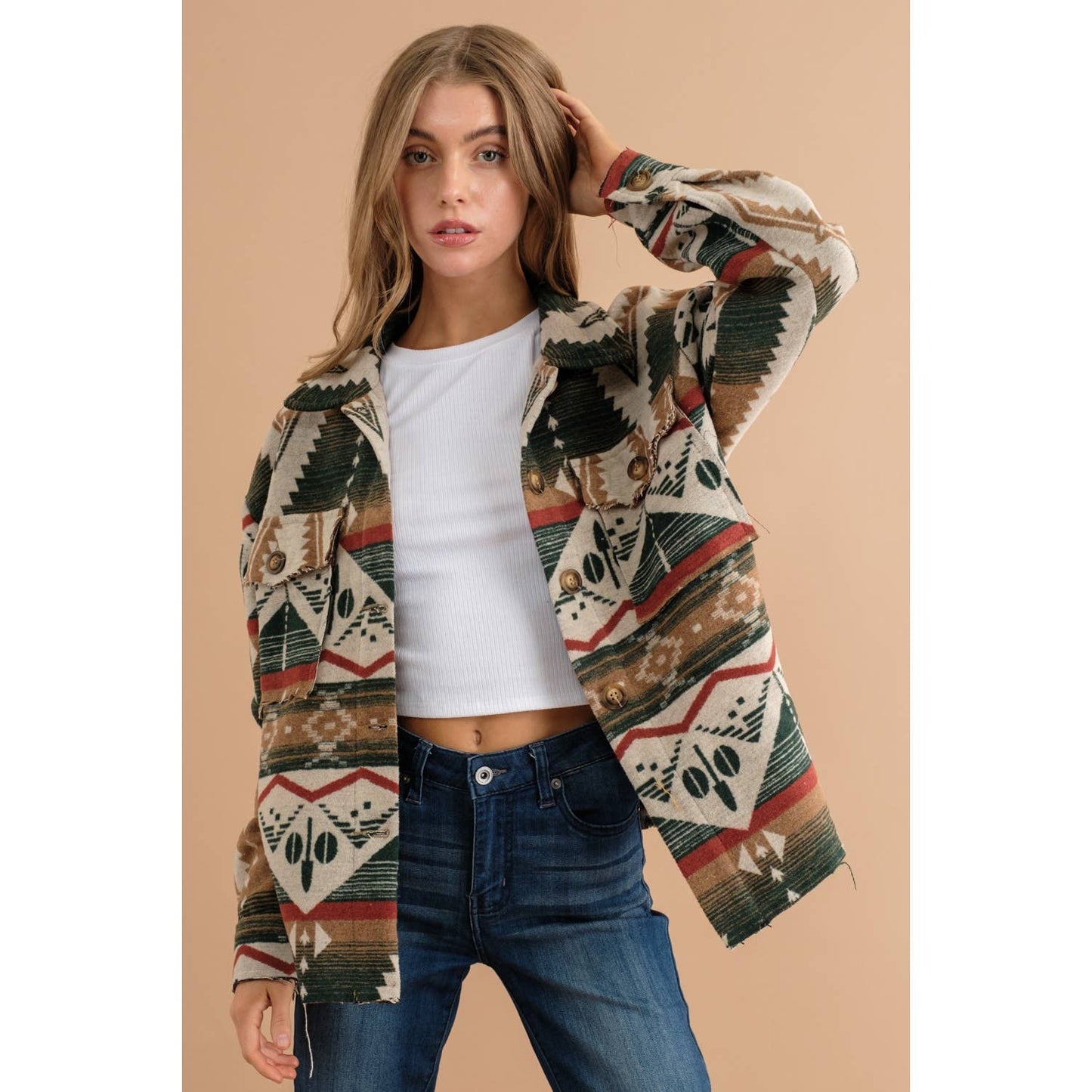 TRIBAL AZTEC PATTERN BUTTON DOWN SHIRT JACKET