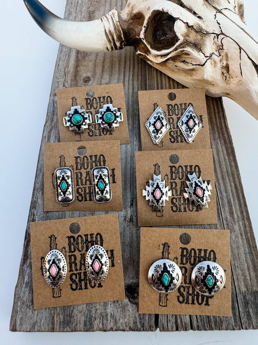 Western Hand Stone Aztec Post Earrings - turquoise pink: STYLE 3 - CROSS TURQUOISE