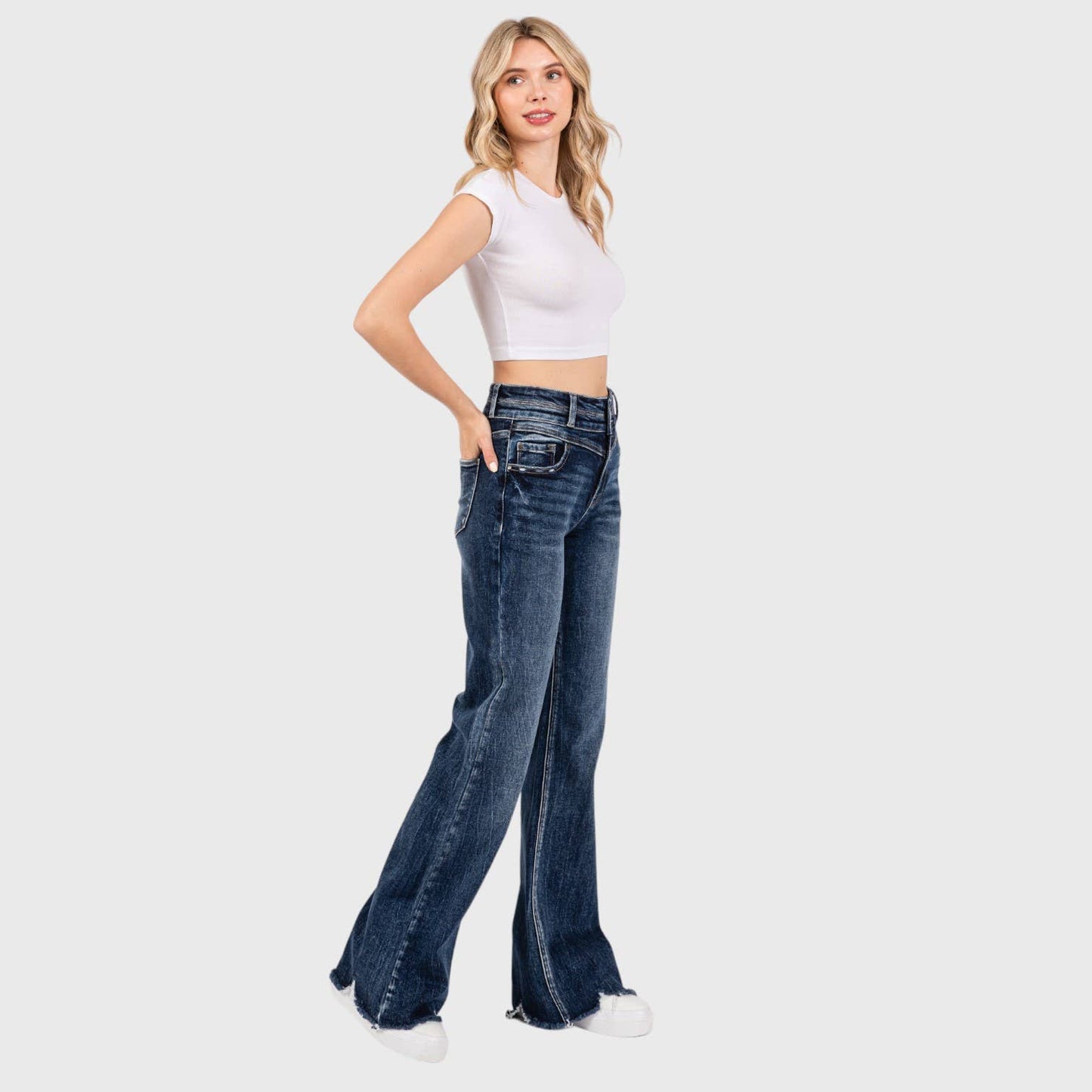 P1153F-DM HIGH RISE STRETCH  WIDE LEG FLARE W/ FRAYED HEM: 3/25