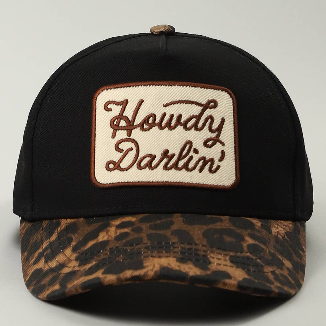 Howdy Darlin Embroidered Patch Leopard Brim Trucker Hat: BLACK