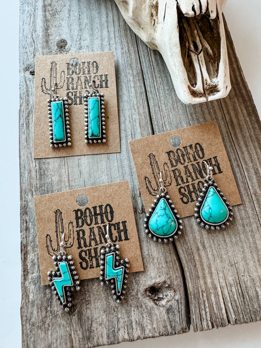 Western Hand Stone Stud Earrings Turquoise bolt bar teardrop: LIGHTNING BOLT