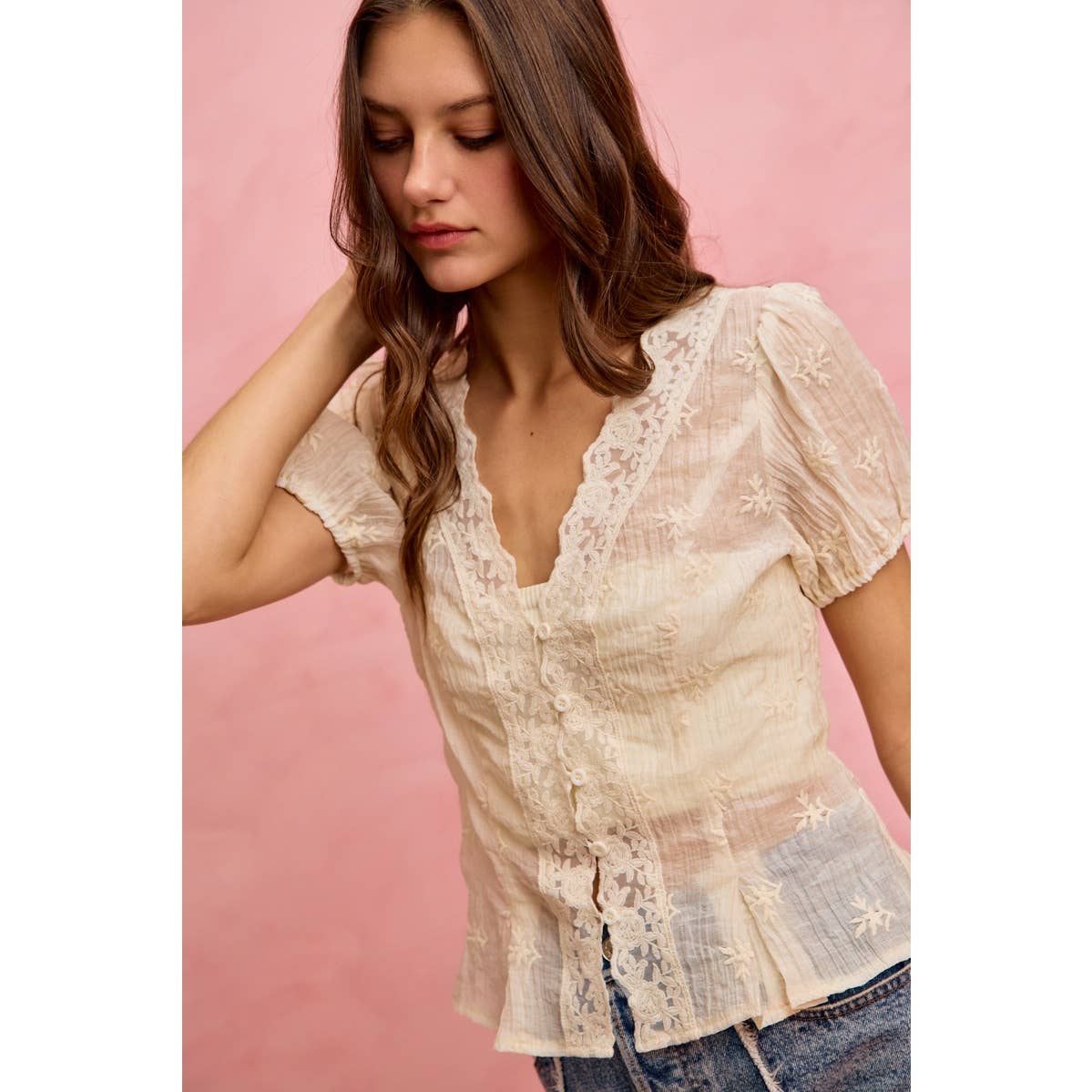 FLORAL EMBROIDERED TEXTURE WOVEN LACE BLOUSE TOP