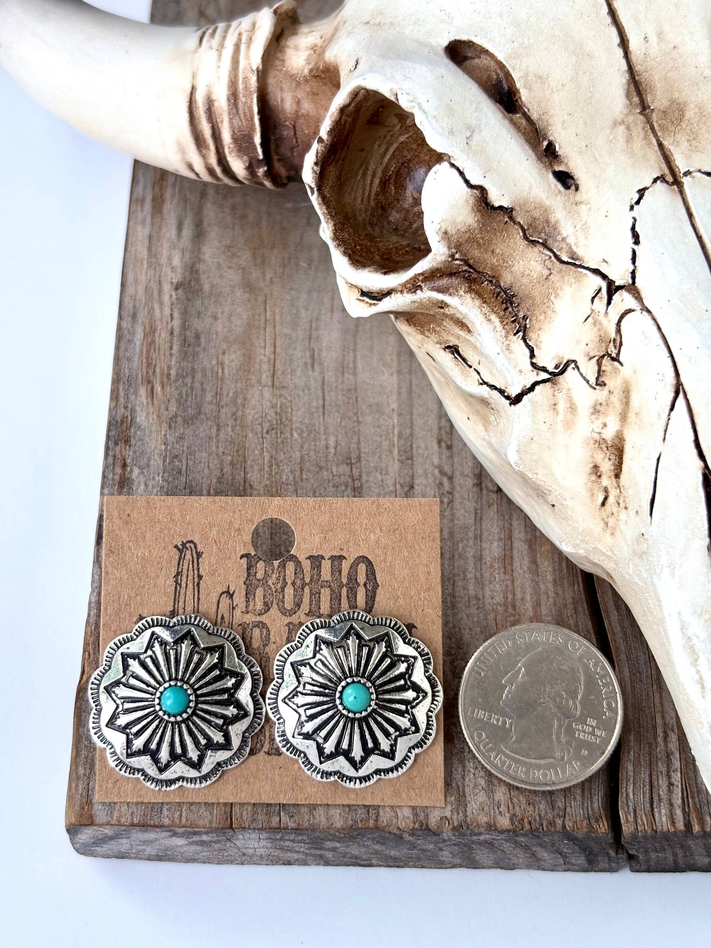 Western Engraved Round Concho with Stone Stud Earrings: Turquoise