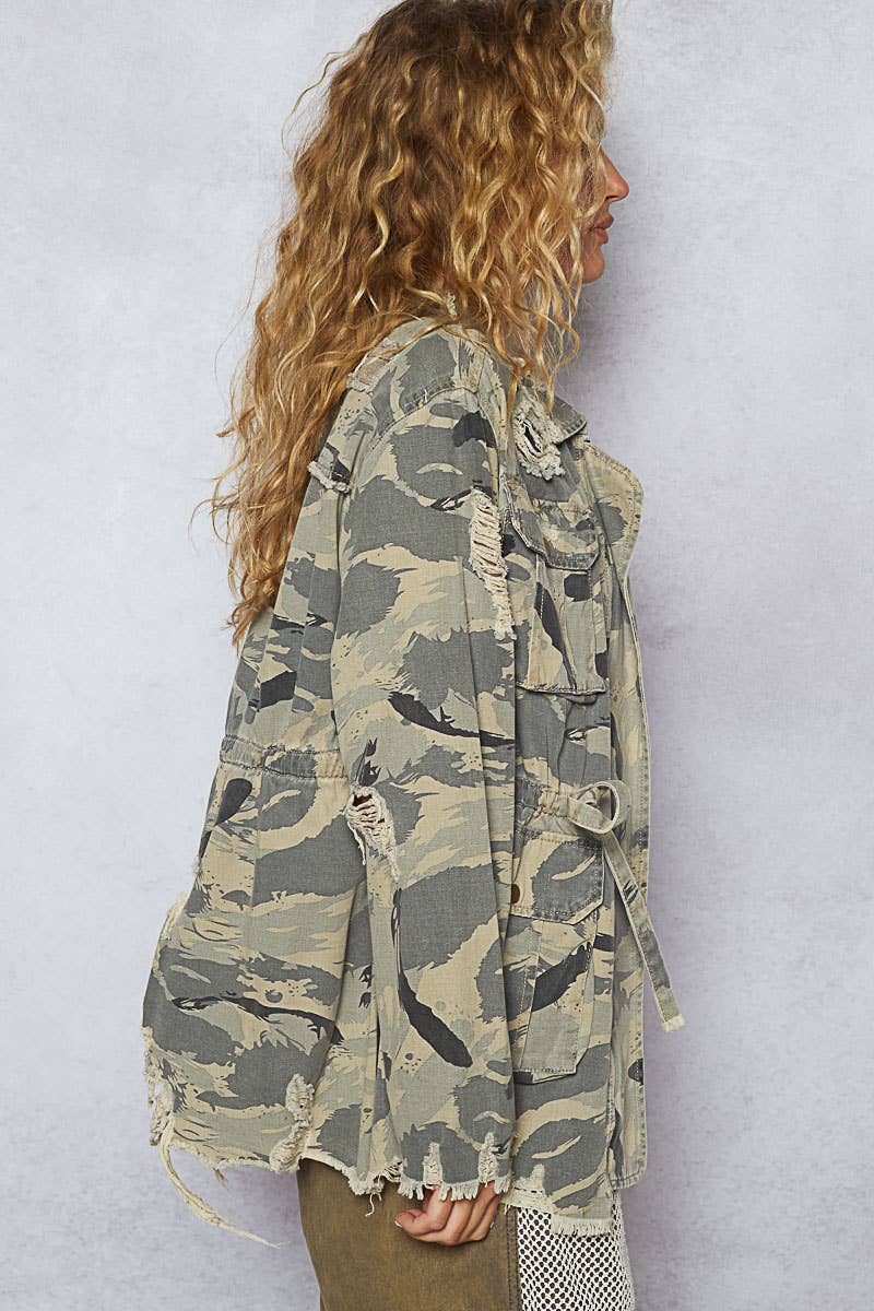 Zipper Waist Tie Camo Print Jacket with Pockets: VINTAGE CAMOUFLAGE / L