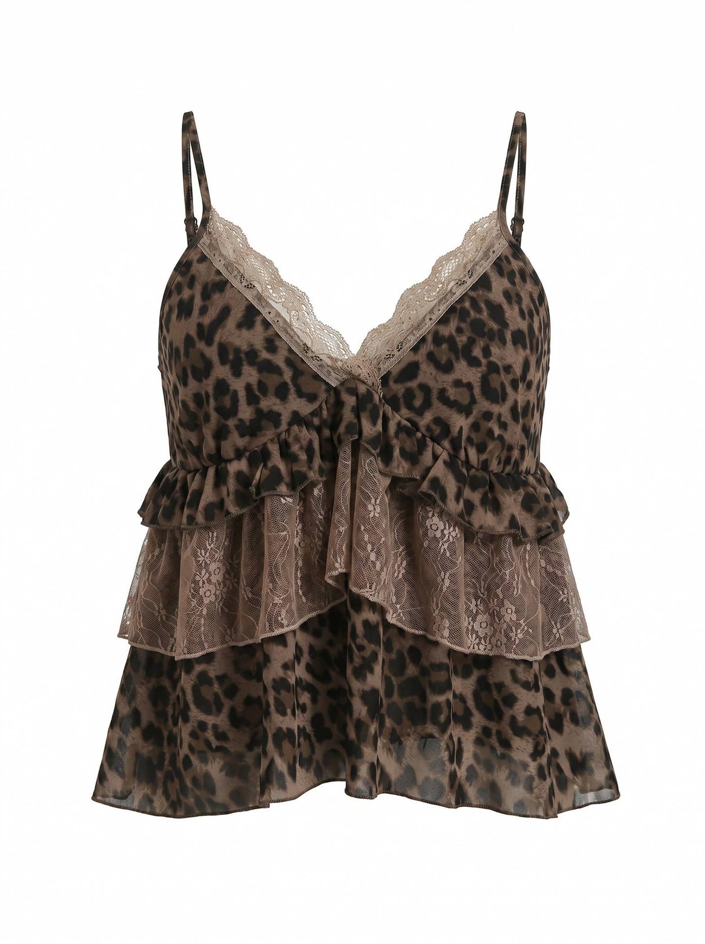 LEOPARD LACE TRIM RUFFLE LAYERED CAMI TOP: LEOPARD / S-M-L(2-2-2)