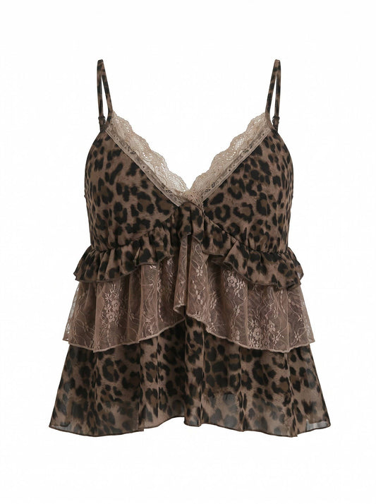 LEOPARD LACE TRIM RUFFLE LAYERED CAMI TOP: LEOPARD / S-M-L(2-2-2)