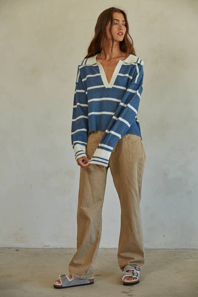 Knit Sweater Striped Collar V-Neck Long Sleeve Top