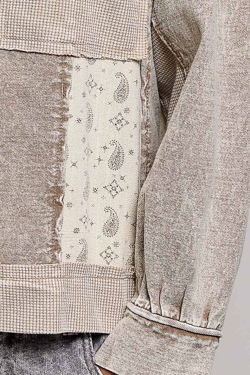 Mixed-Texture Patchwork Henley Button Patch Hoodie: DUSTY CHOCO / L