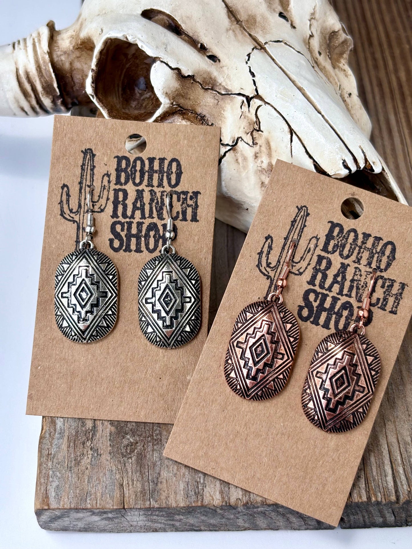 Western Engraved Aztec Drop Dangle Earrings: Silver