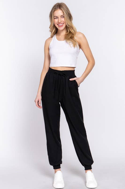 Smoked Waist Linen Jogger Pants: Blk-Black / M