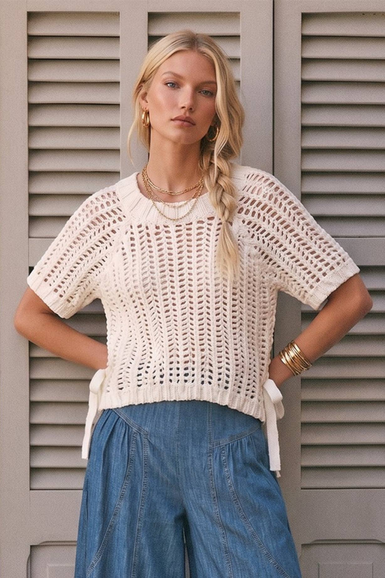 CHUNKY KNIT CROCHET SWEATER TOP WITH SIDE TIES W1551TIB   : Ivory / S