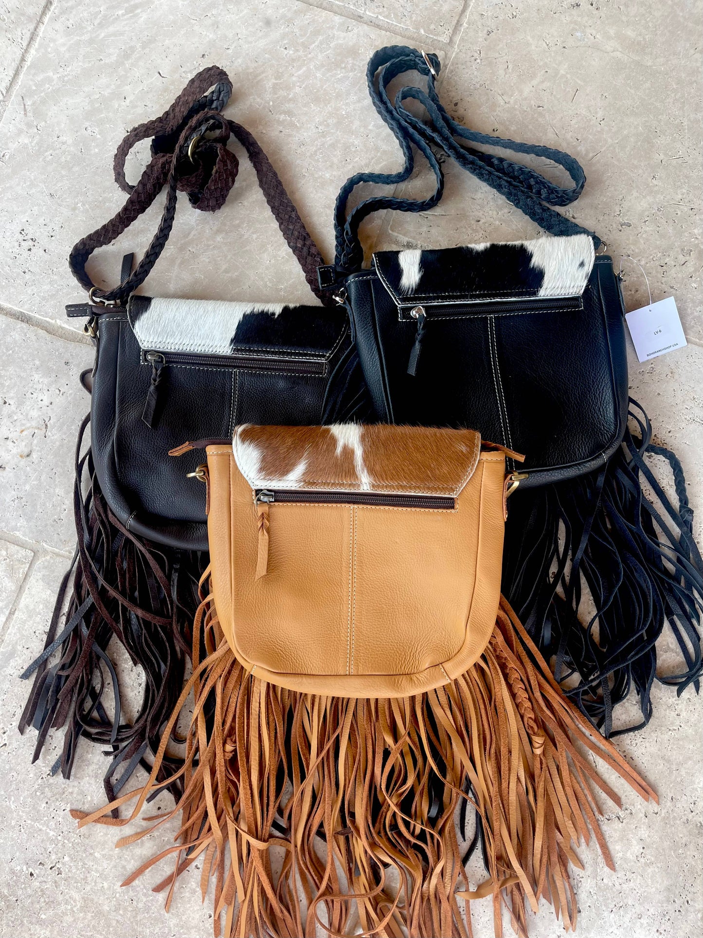 THE NANCY CROSSBODY Genuine Hairon Cowhide Leather Tassel: BLACK + WHITE COWHIDE