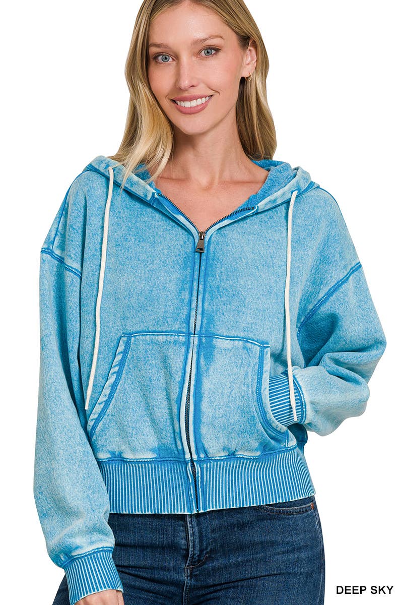 `Acid Wash Fleece Cropped Zip Up Hoodie - Zenana: MOCHA-159846 / L