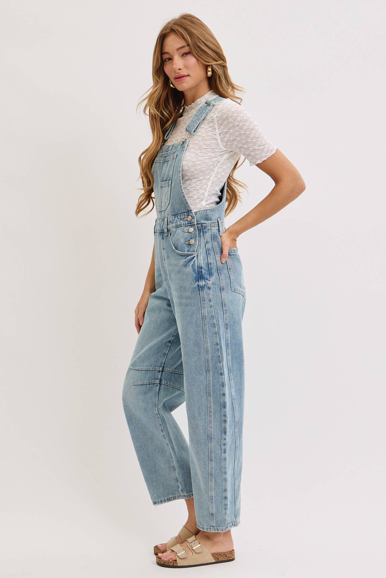 BARREL-LEG DENIM OVERALLS