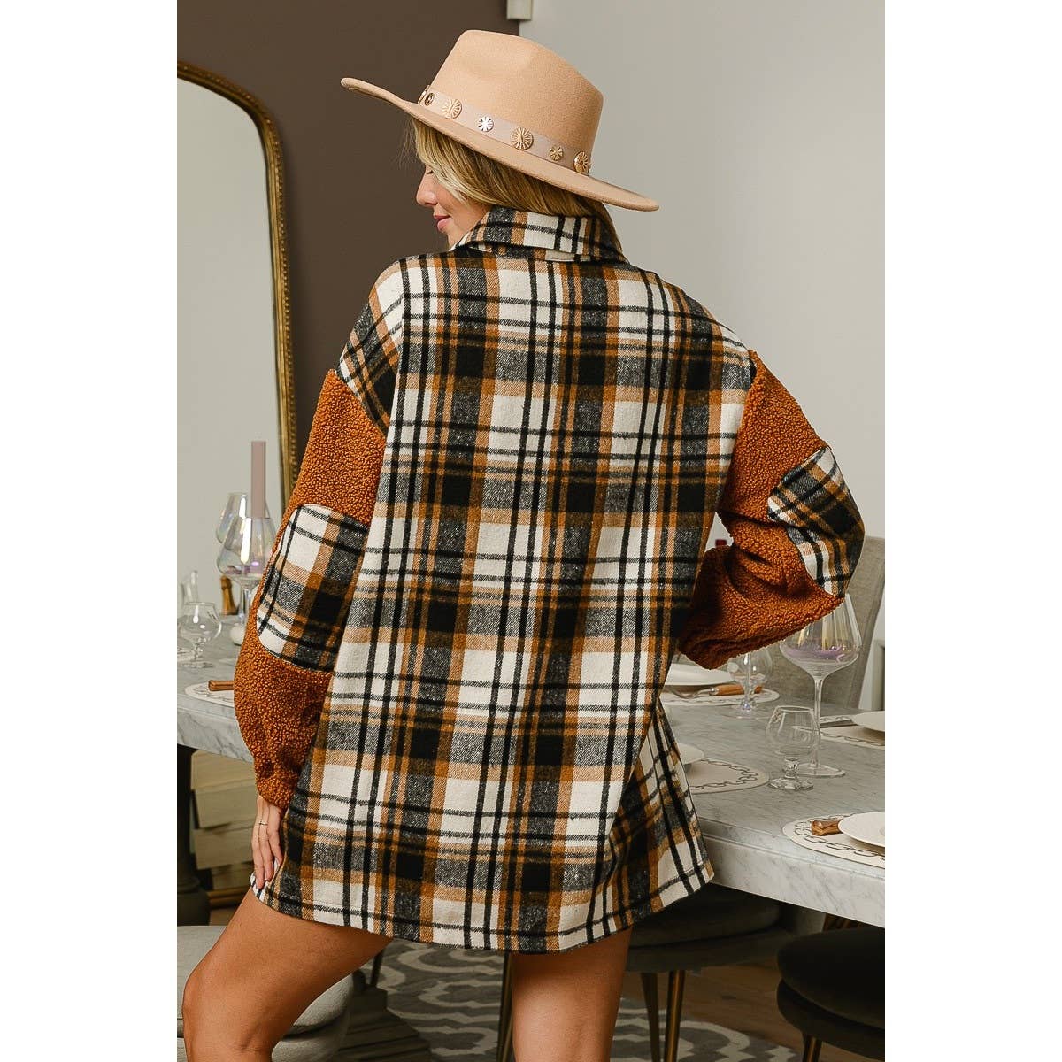 VINTAGE PLAID AND SHERPA MIXED SHACKET: MOCHA COMBO / XL