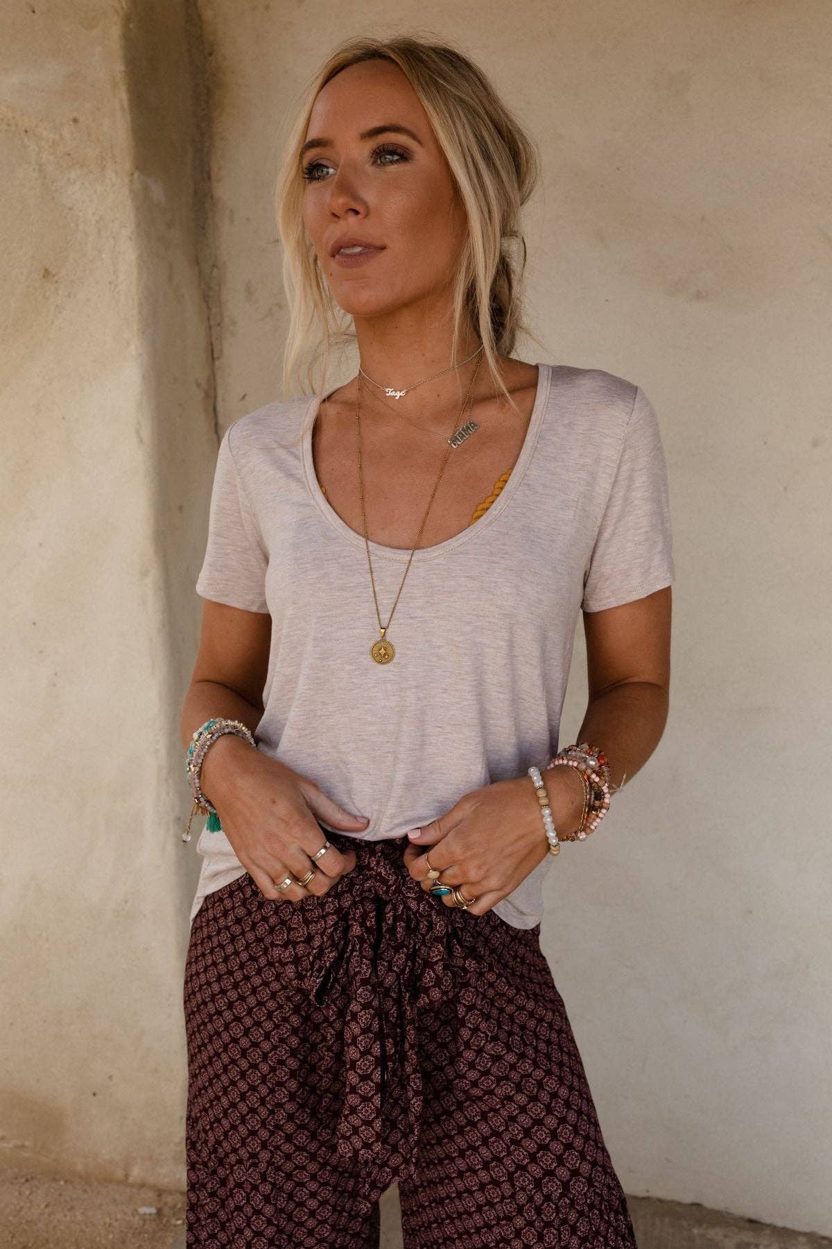 Scoop Neck Bralette Tee - Heather Oatmeal: L