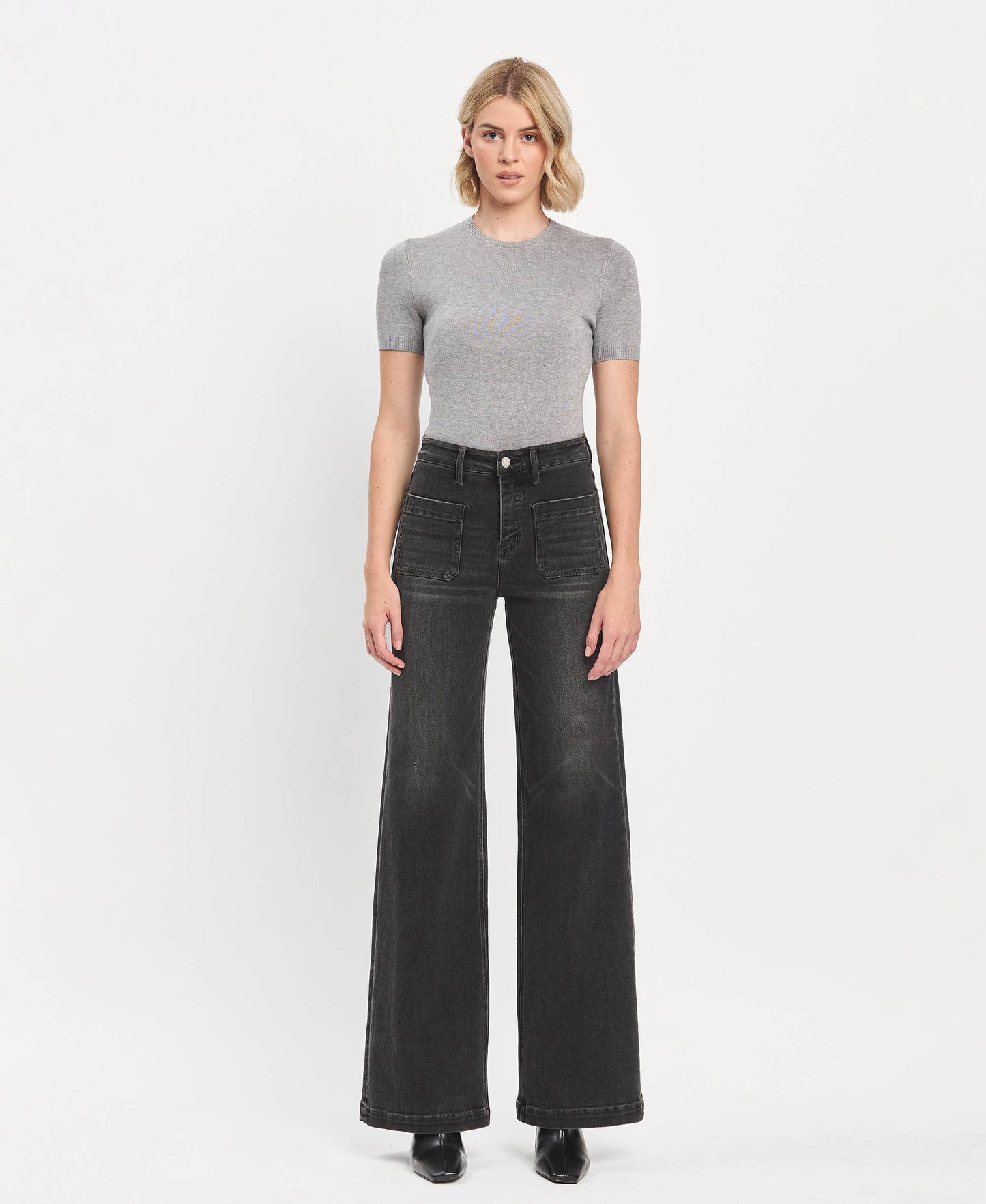 HIGH RISE PATCH POCKET BLACK WIDE LEG TROUSERS