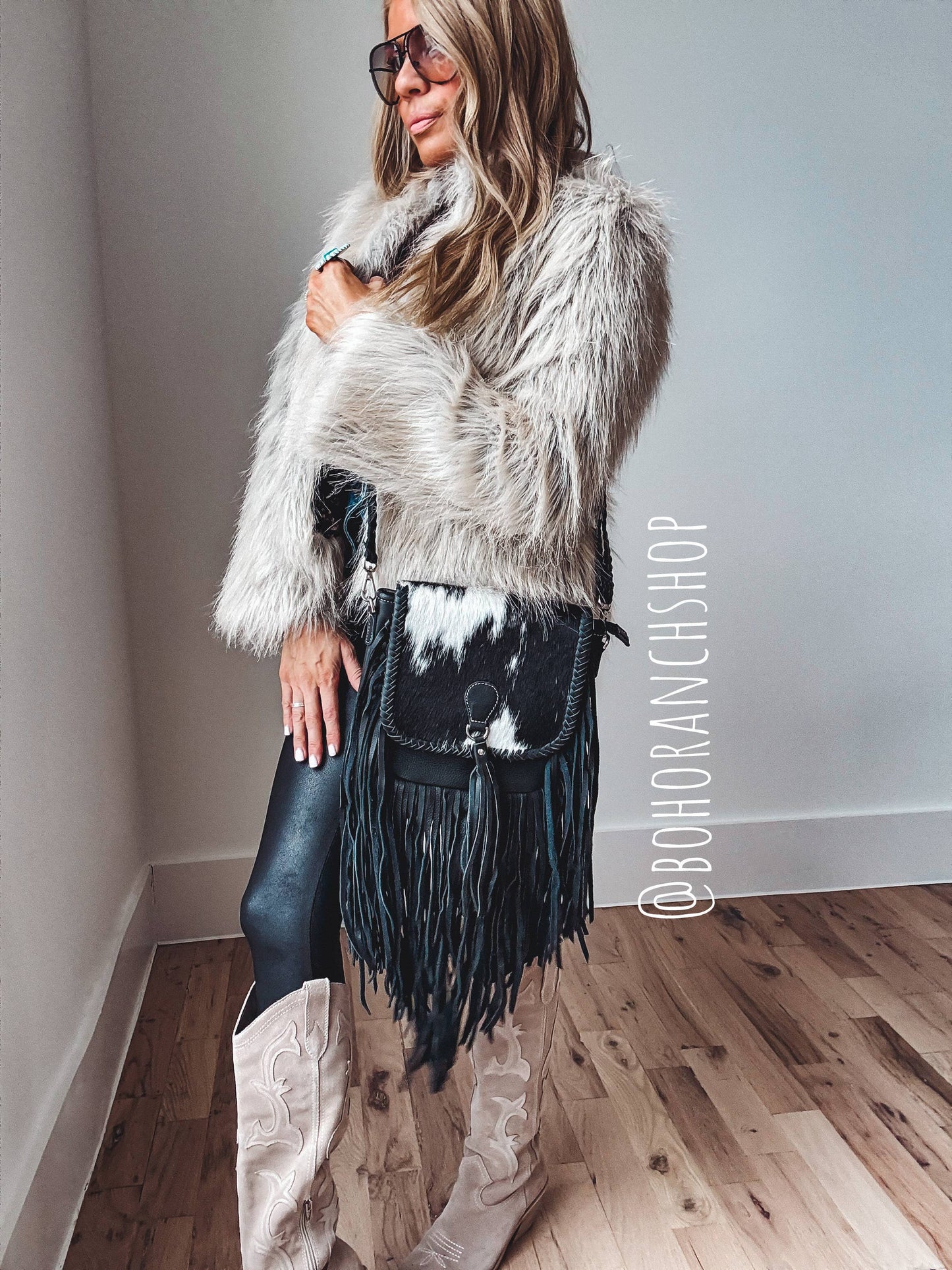 THE NANCY CROSSBODY Genuine Hairon Cowhide Leather Tassel: BLACK + WHITE COWHIDE