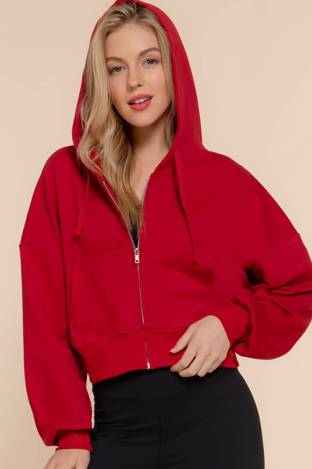 Long Sleeve Hoodie French Terry Zip Up Jacket: IVY-beige / M