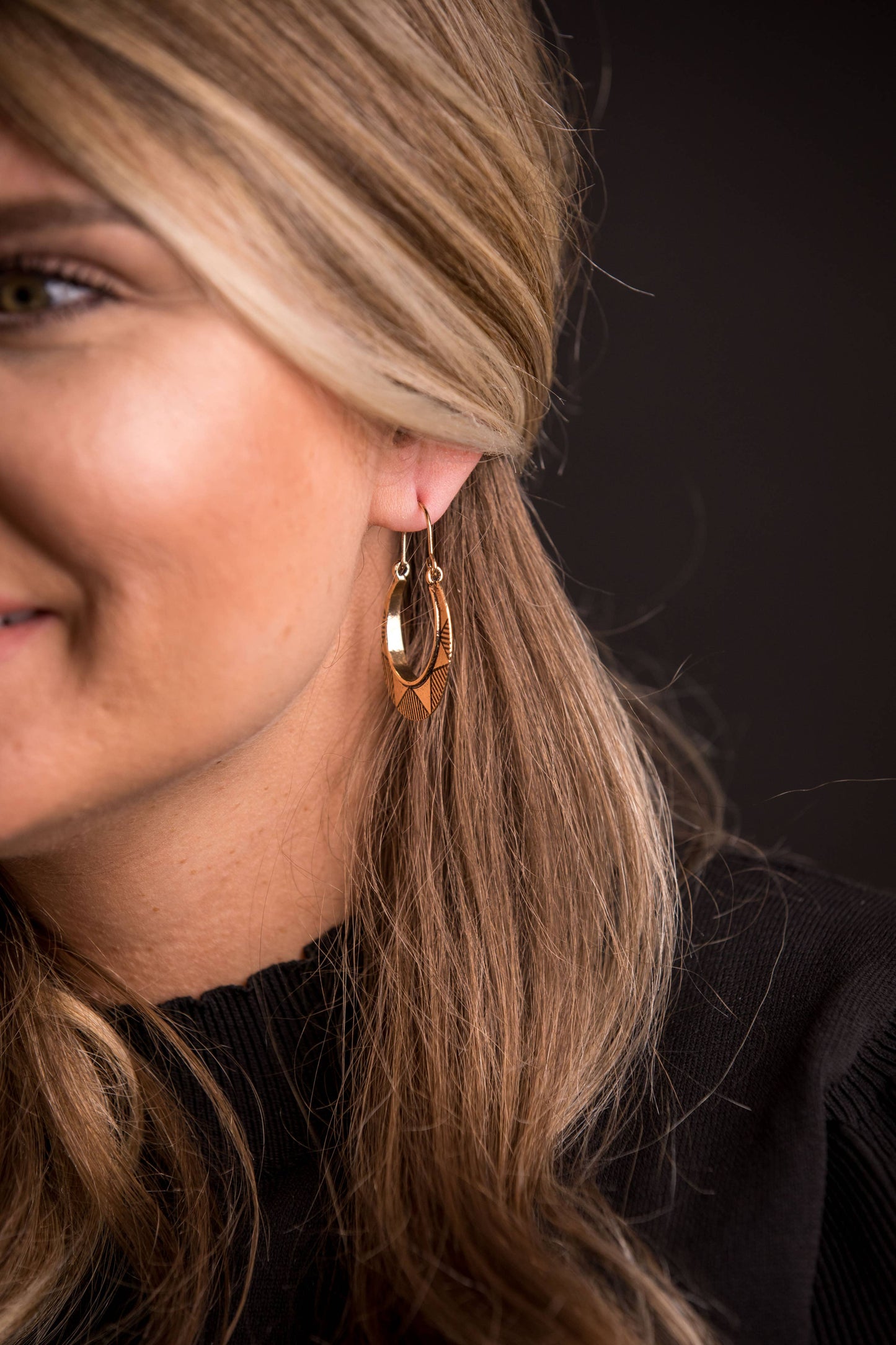 Burnished Gold Sun Stamped Hoop Earring