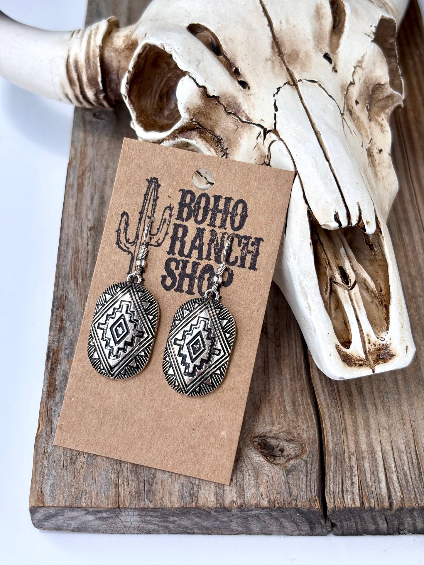 Western Engraved Aztec Drop Dangle Earrings: Silver