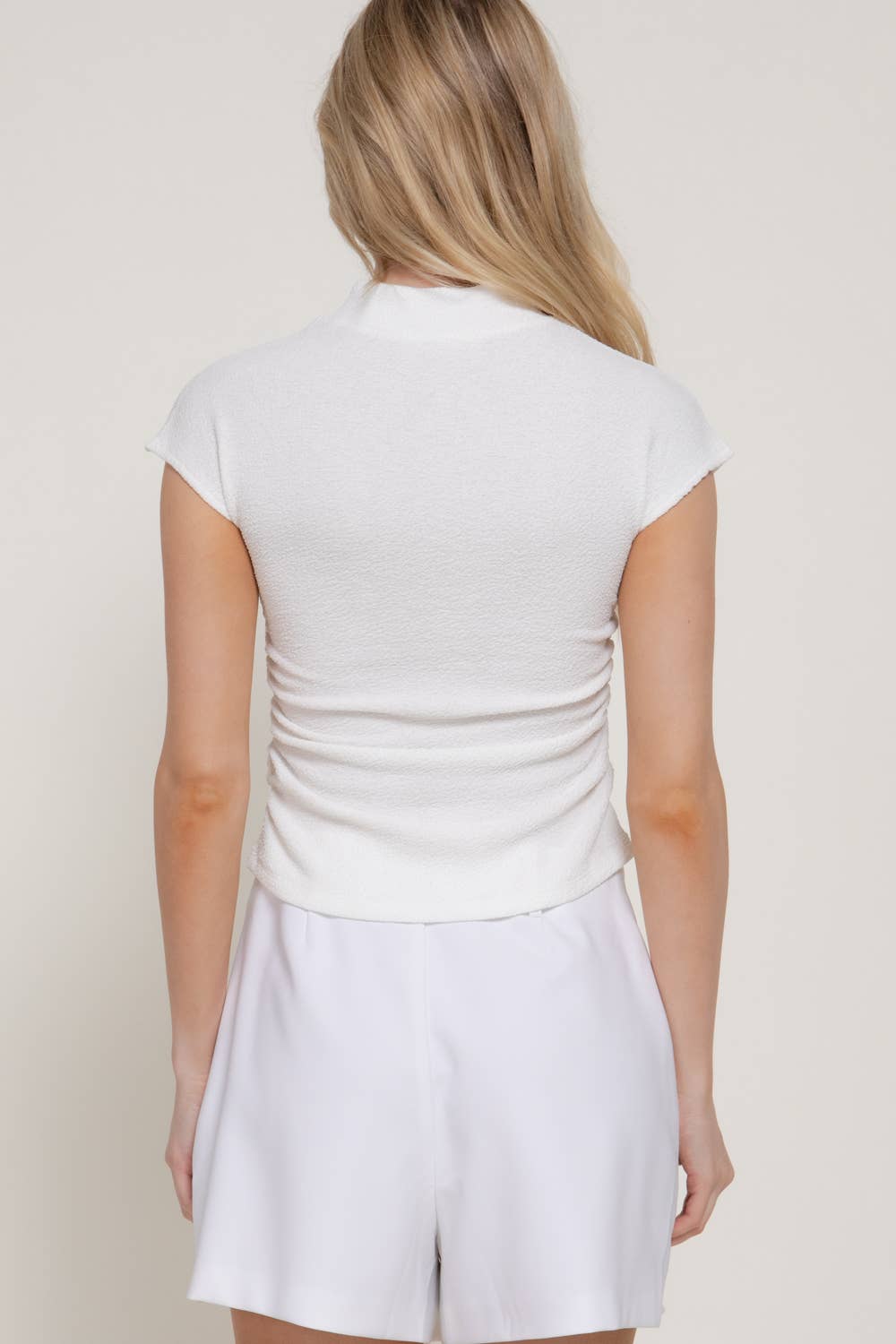 Cap Sleeve Mock Neck Side Ruched Texture Knit Top: BLK-black / S