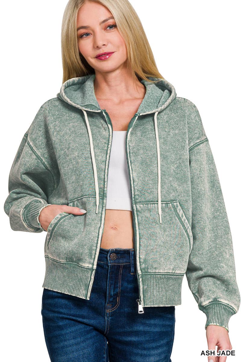 `Acid Wash Fleece Cropped Zip Up Hoodie - Zenana: MOCHA-159846 / L