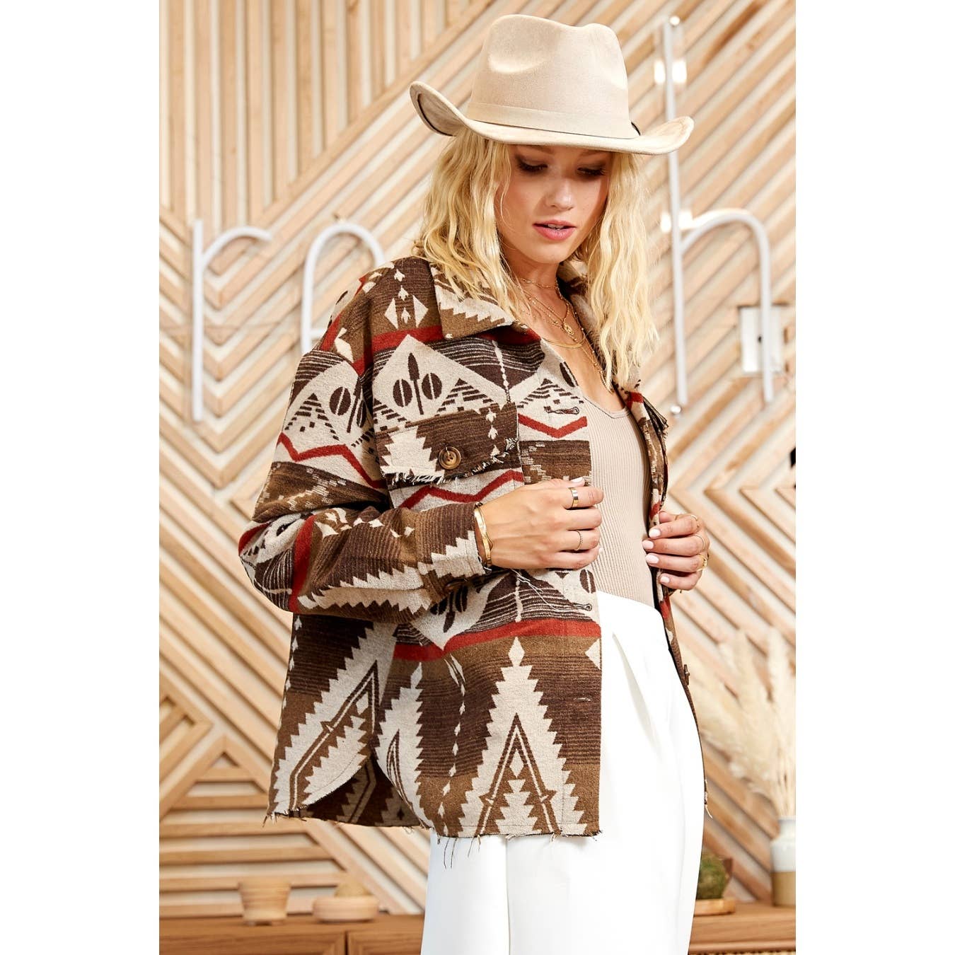 TRIBAL AZTEC PATTERN BUTTON DOWN SHIRT JACKET