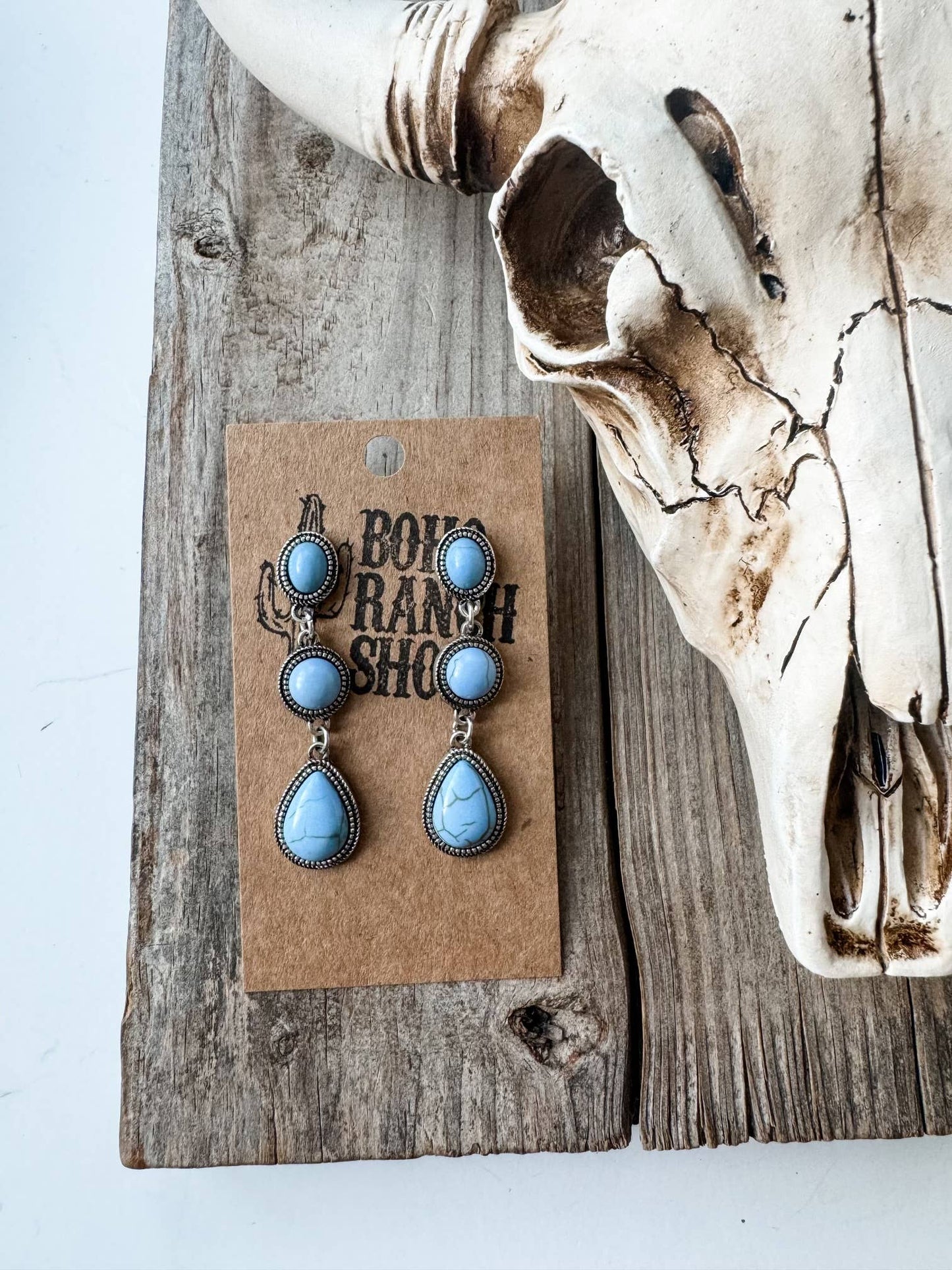 Western Tier Drop Earrings - Round Stone with Teardrop Stone: TURQUOISE