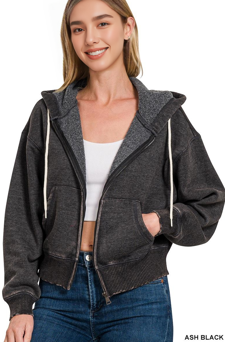 `Acid Wash Fleece Cropped Zip Up Hoodie - Zenana: MOCHA-159846 / S