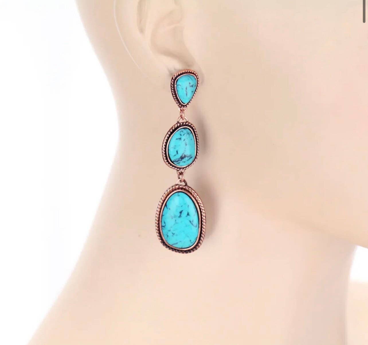 Western Metal Stone Drop Earrings 3 Tier: Turquoise