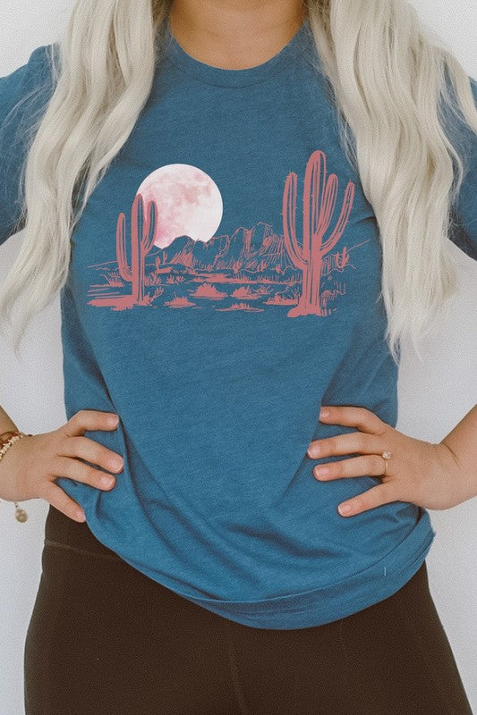 Pink Moon Night Desert Scene Cacti Graphic Tee