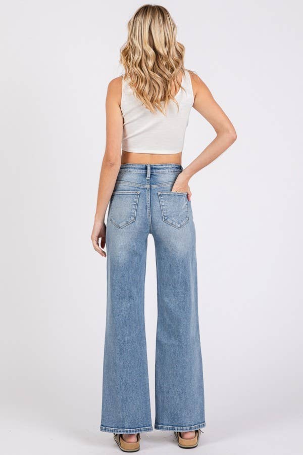 P1371W-MD HIGH RISE STRETCH SLIM WIDE LEG W/ DESTROYED HEM: 9/28