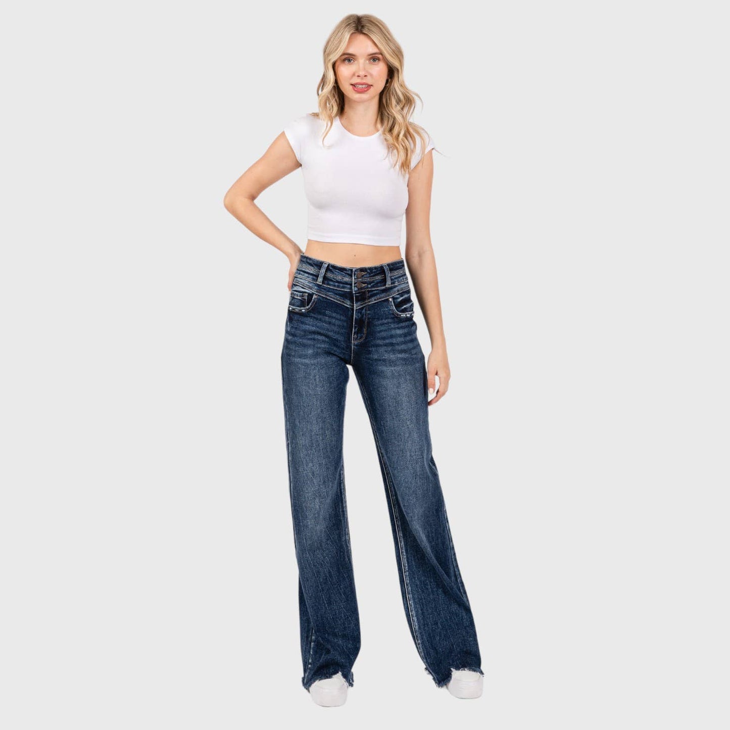 P1153F-DM HIGH RISE STRETCH  WIDE LEG FLARE W/ FRAYED HEM: 5/26