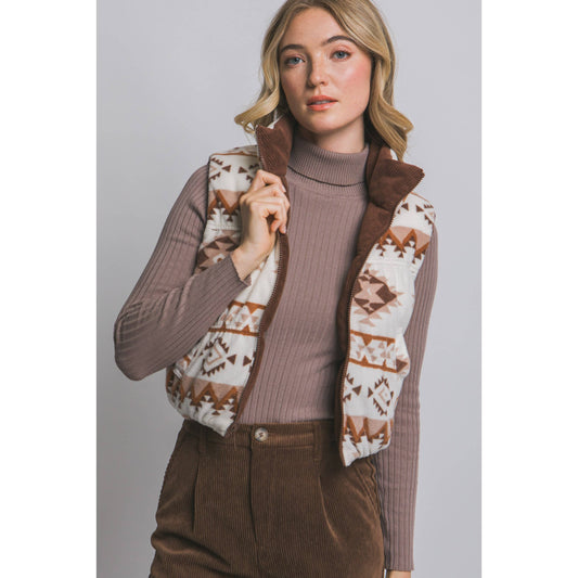 Reversible Corduroy and Aztec Print Puffer Vest: Brown