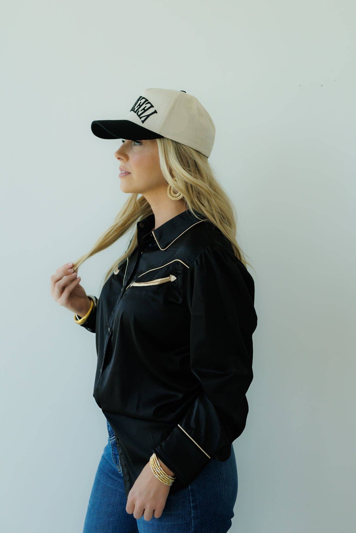 Pearl Snap, Black Satin