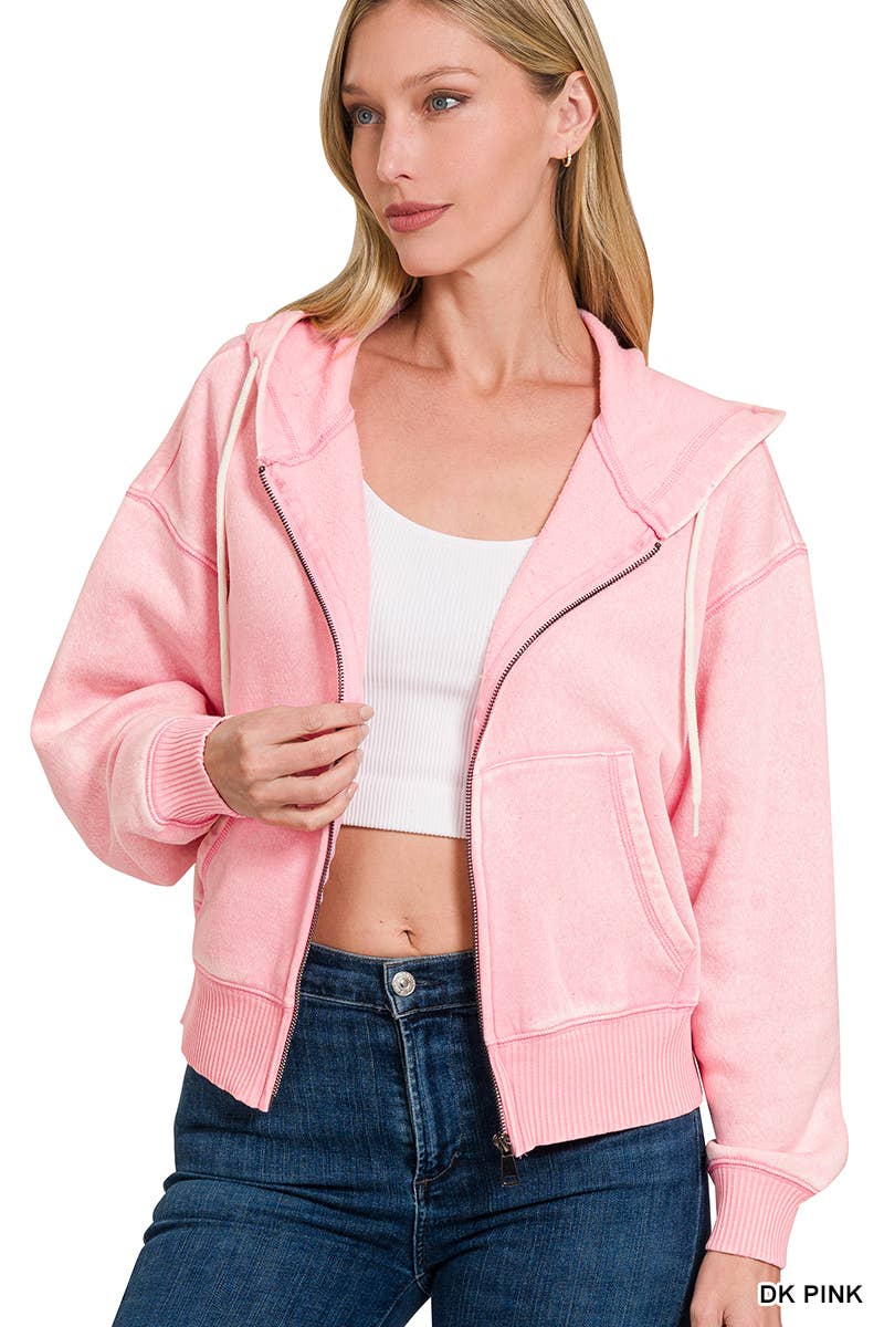 `Acid Wash Fleece Cropped Zip Up Hoodie - Zenana: MOCHA-159846 / S