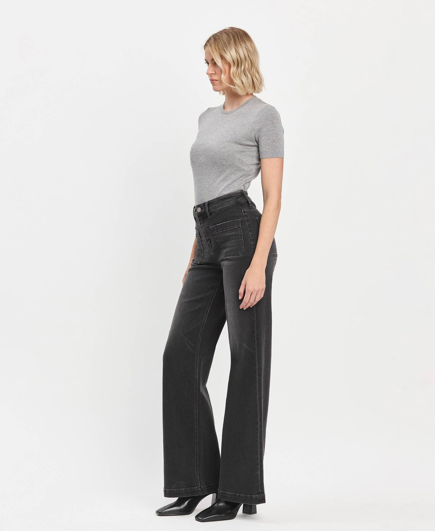 HIGH RISE PATCH POCKET BLACK WIDE LEG TROUSERS