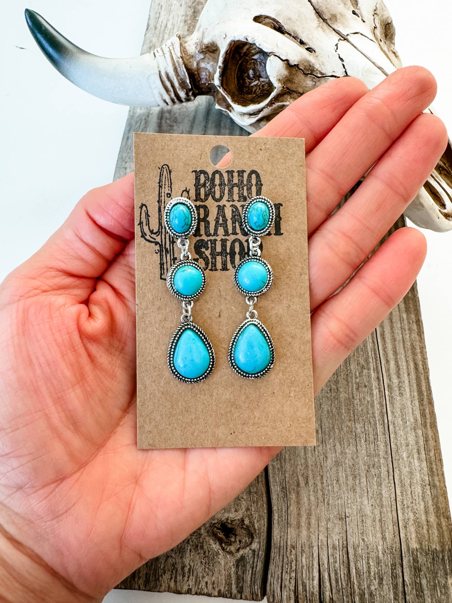 Western Tier Drop Earrings - Round Stone with Teardrop Stone: TURQUOISE
