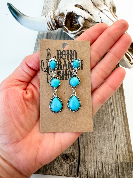 Western Tier Drop Earrings - Round Stone with Teardrop Stone: TURQUOISE