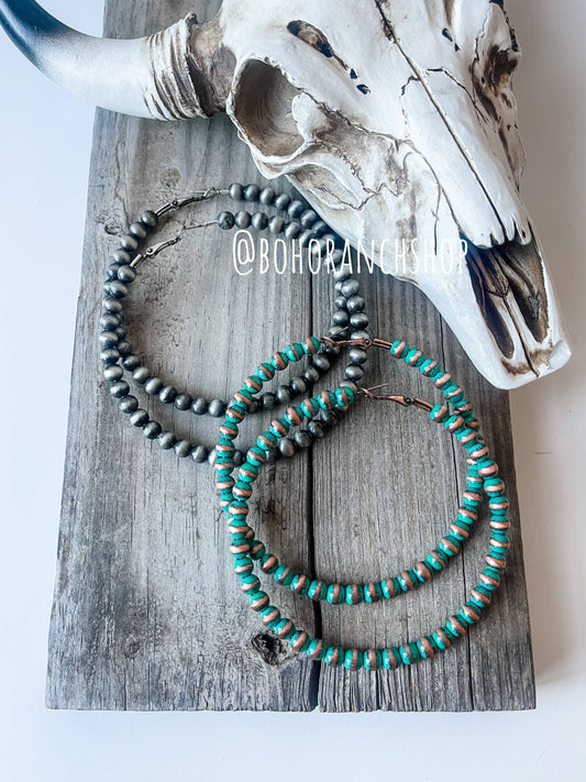 3” Western Navajo Pearl Hoops Earrings: Patina Turquoise