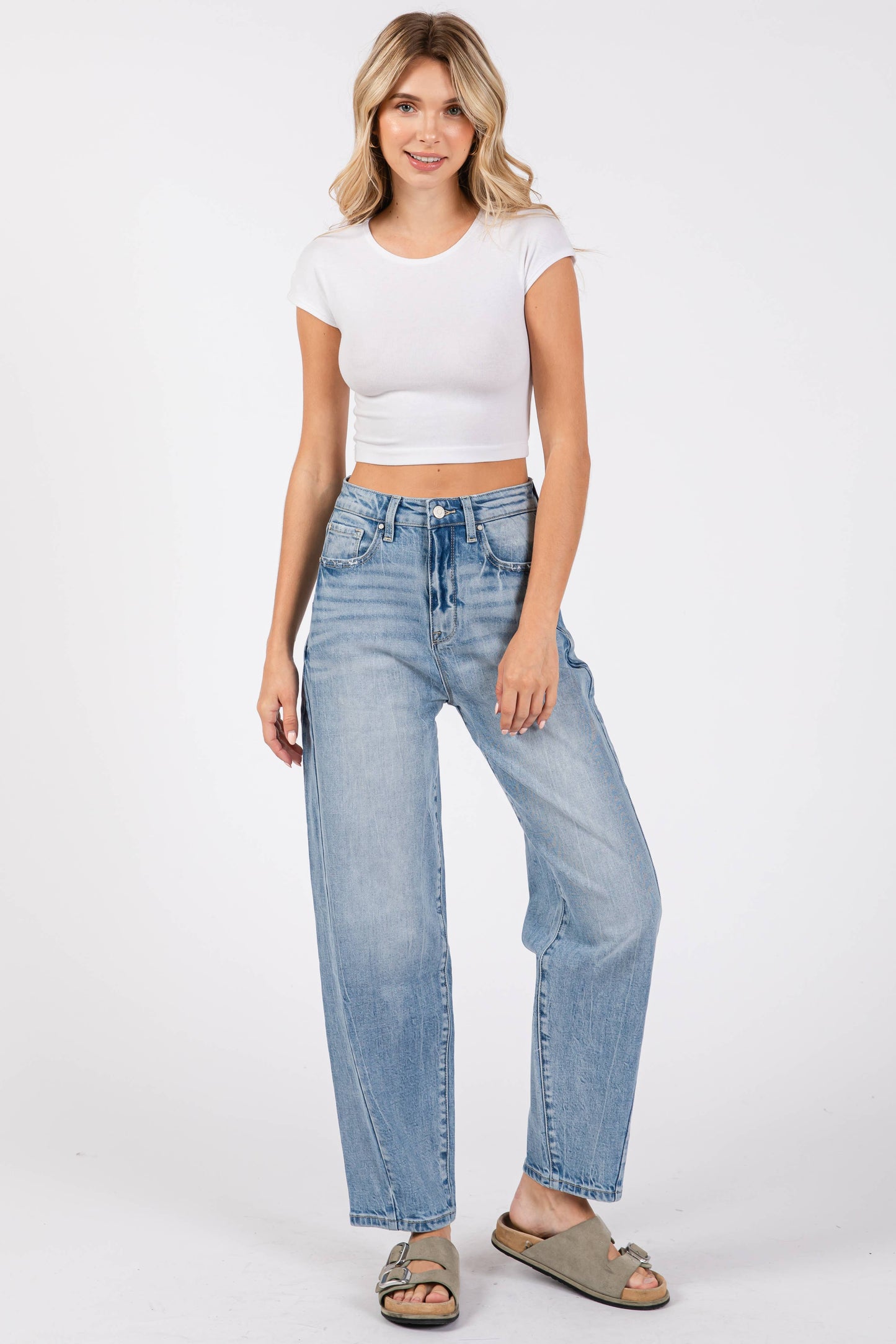 P1305X-LM SIDE SEAM DETAILING HIGH RISE COMFORT BARREL JEANS: 13/30