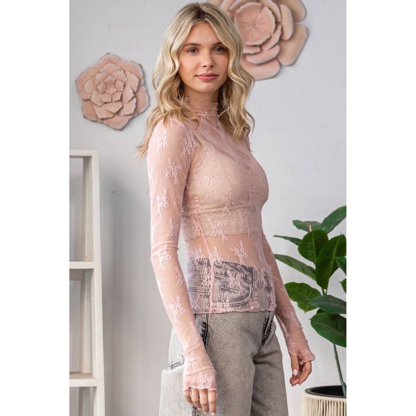 Lace Long Sleeve See Through Top