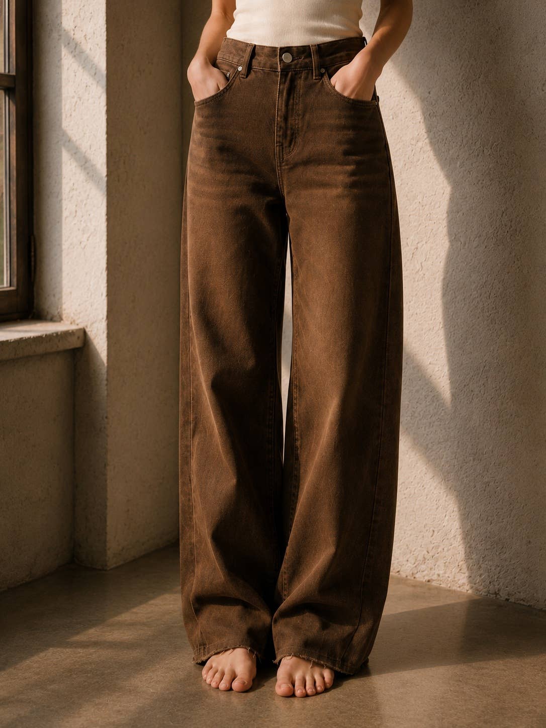 VINTAGE WIDE LEG JEANS: BROWN / XS-S-M-L(1-2-2-1)