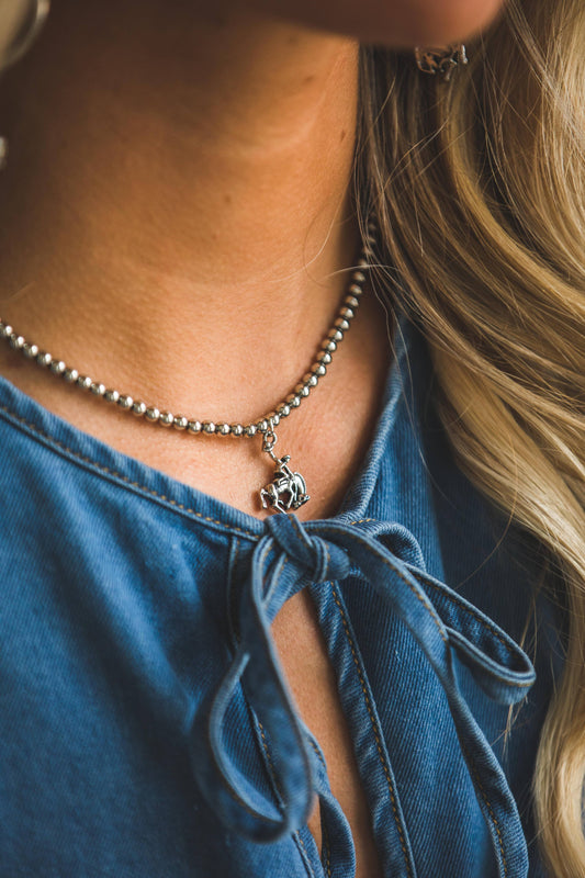 16" 18K  Gold Plated Burnished Necklace with Bucking Horse: White Gold