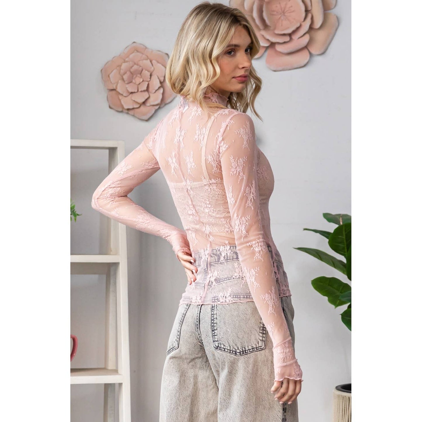 Lace Long Sleeve See Through Top
