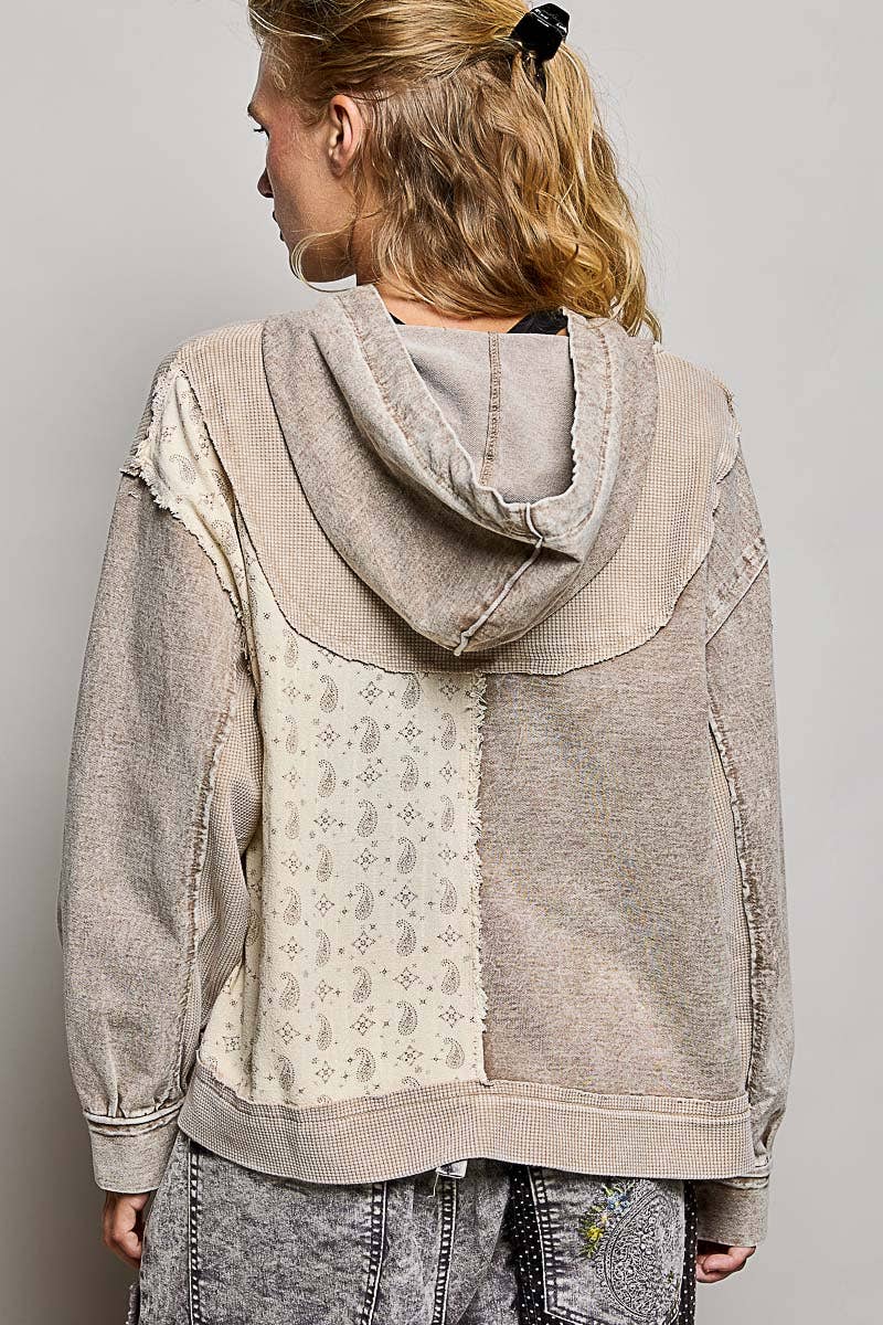 Mixed-Texture Patchwork Henley Button Patch Hoodie: DUSTY CHOCO / L