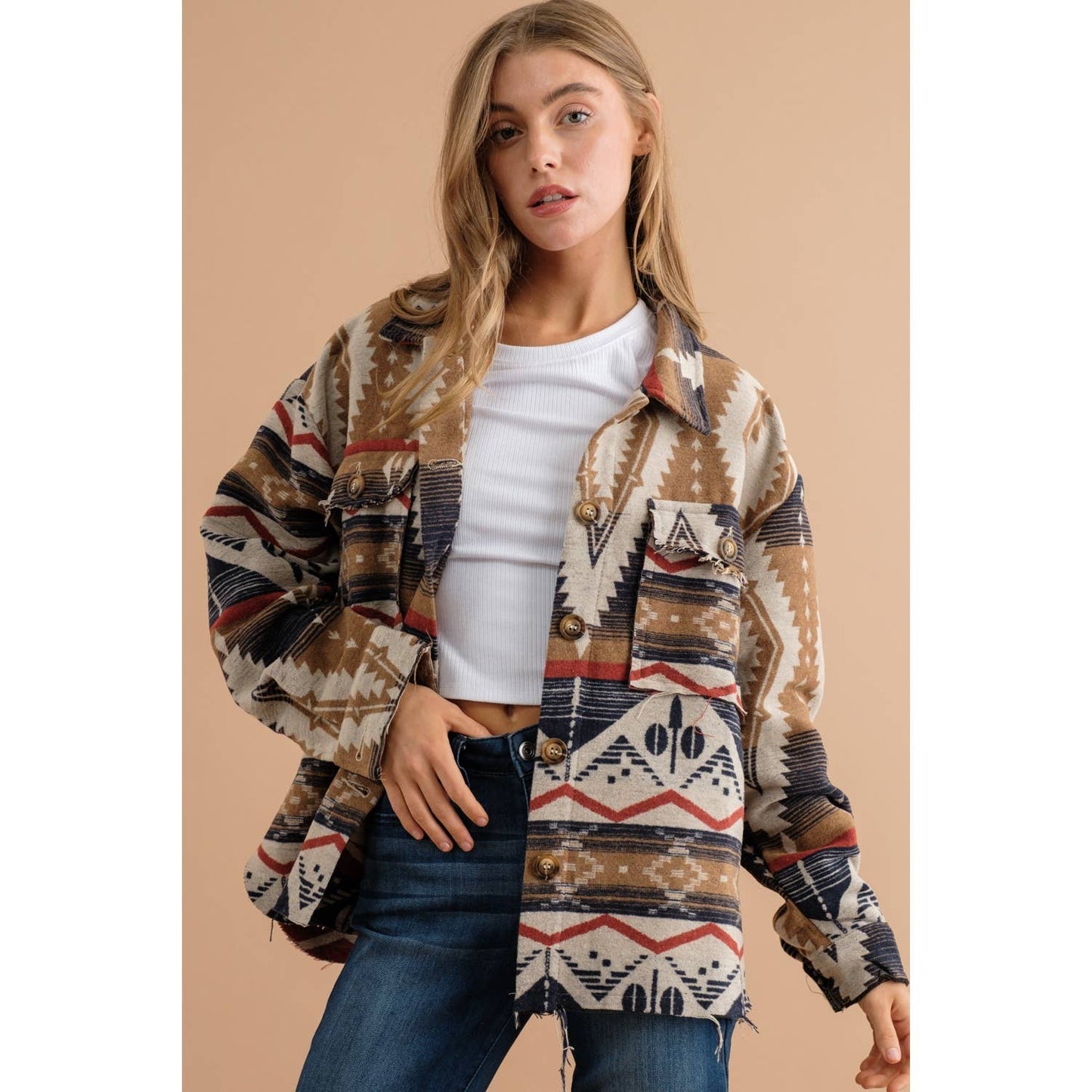 TRIBAL AZTEC PATTERN BUTTON DOWN SHIRT JACKET